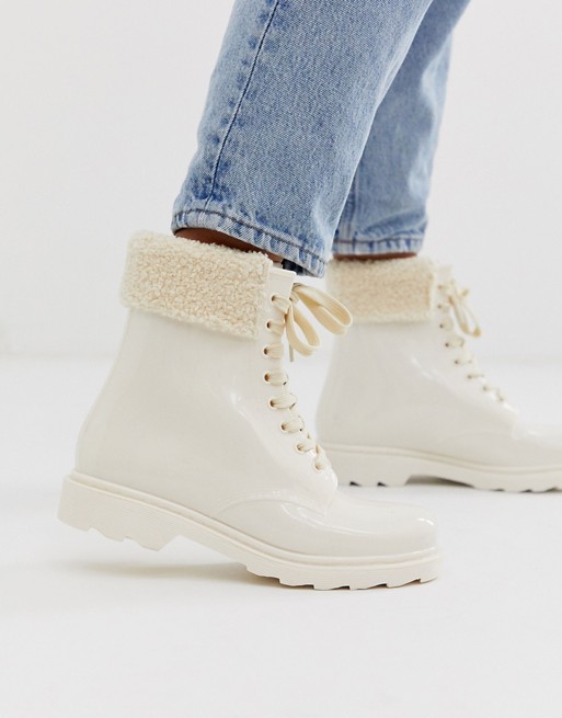 ASOS DESIGN Giggle chunky lace up rain boots with teddy fur trim