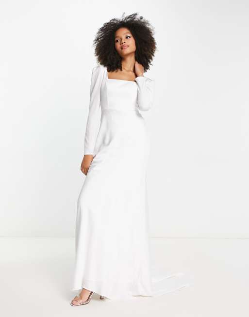 ASOS DESIGN Gigi satin square neck long sleeve wedding dress in ivory