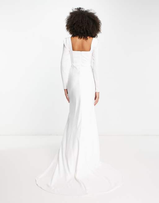 ASOS DESIGN Gigi satin square neck long sleeve wedding dress in ivory