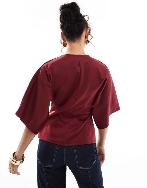 ASOS DESIGN - Gilet à manches courtes en maille point de Rome avec boutons dorés - Bordeaux, 3 de 4
