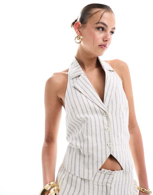 ASOS DESIGN - Gilet allacciato al collo in misto lino a righe