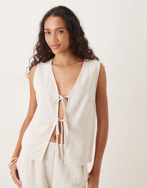 ASOS DESIGN - Gilet allacciato sul davanti colore naturale in misto lino in coordinato