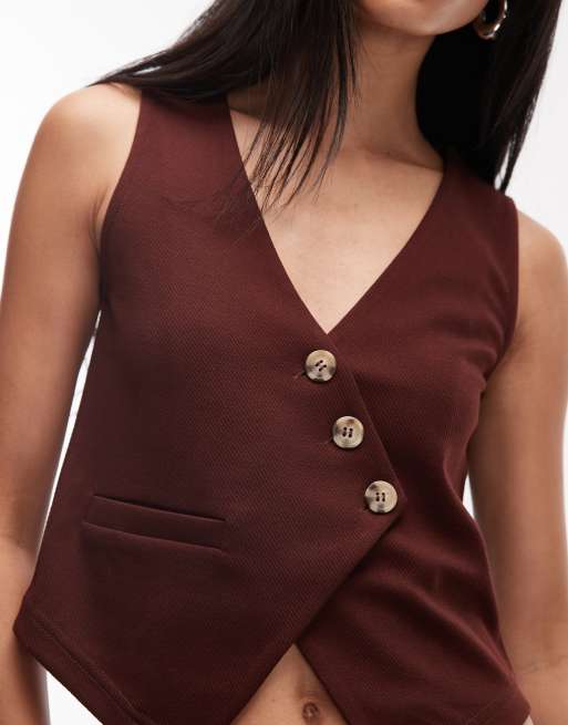 ASOS DESIGN - Gilet asimmetrico in jersey twill color cioccolato, 2 di 4