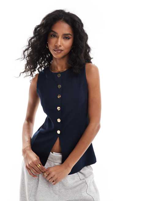 ASOS DESIGN - Gilet blu navy con bottoni color oro