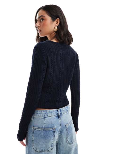 ASOS DESIGN - Gilet boutonné effet rétréci en maille torsadée - Bleu marine, 3 de 4