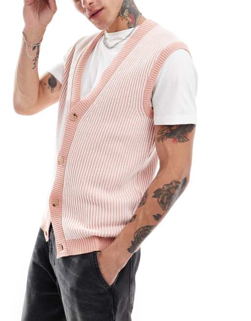 ASOS DESIGN - Gilet boutonné sans manches et oversize en maille à côtes plaquées - Rose clair