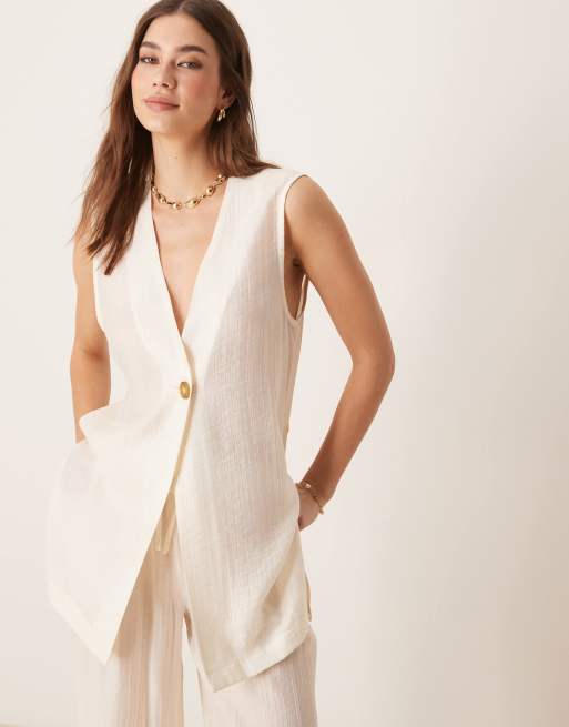ASOS DESIGN - Gilet casual taglio lungo testurizzato trasparente bianco sporco in coordinato