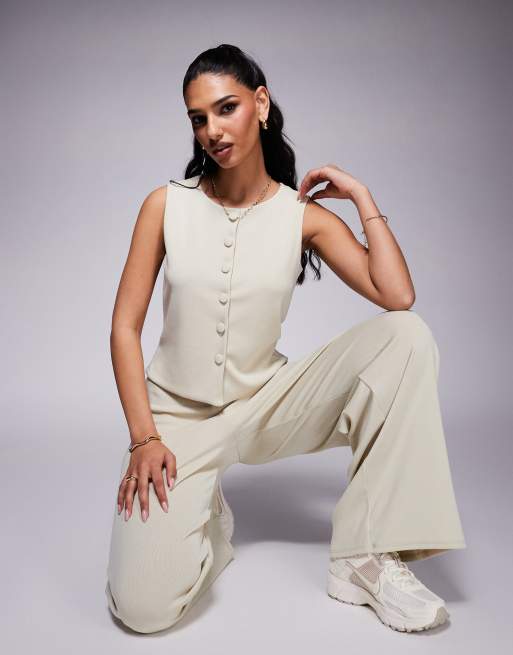 ASOS DESIGN - Gilet color pietra a coste con bottoni sul davanti in coordinato