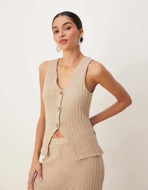 ASOS DESIGN - Gilet color pietra in maglia con bottoni in coordinato