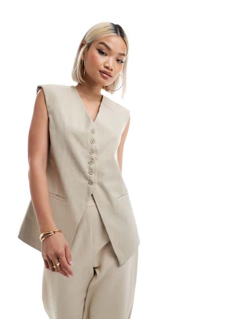 ASOS DESIGN - Gilet color pietra taglio lungo con spalle accentuate