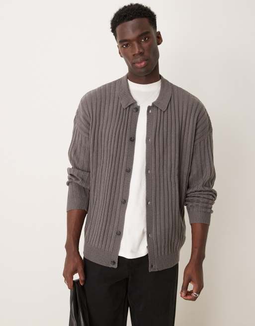 ASOS DESIGN - Gilet côtelé oversize avec col - Gris anthracite