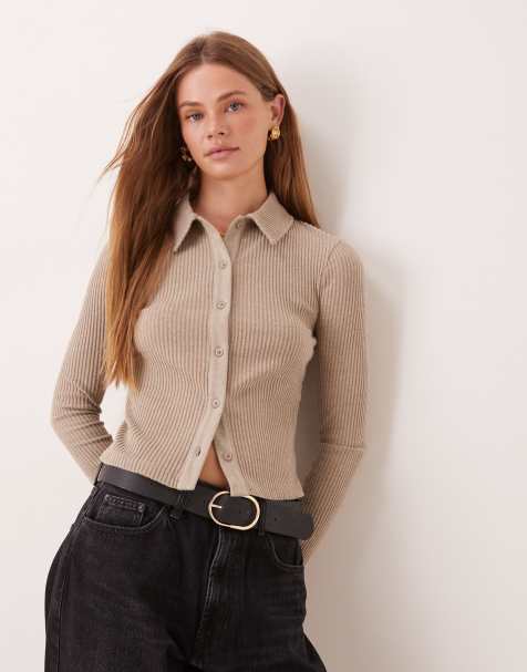 ASOS DESIGN - Gilet court avec col en maille côtelée brossée ultra-douce - Taupe chiné - view 1