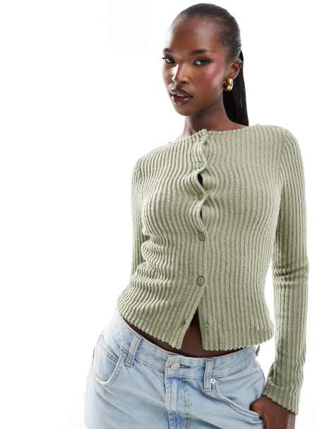 ASOS DESIGN - Gilet court côtelé en maille brossée - Kaki - view 1