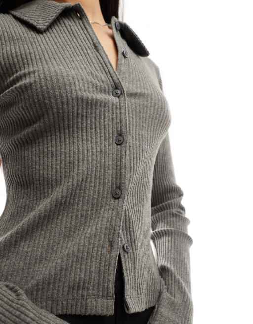 ASOS DESIGN - Gilet court ultra doux côtelé avec col - Anthracite chiné, 3 de 4