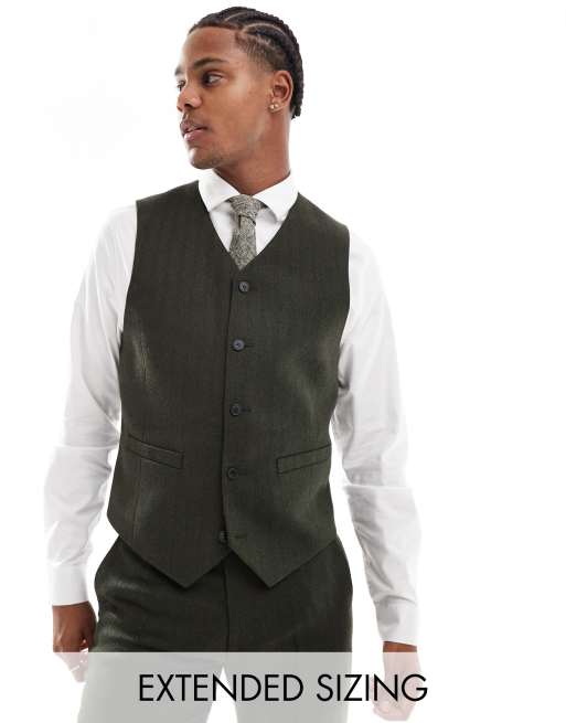 ASOS DESIGN - Gilet da abito skinny fit verde oliva in misto lana con motivo a spina di pesce