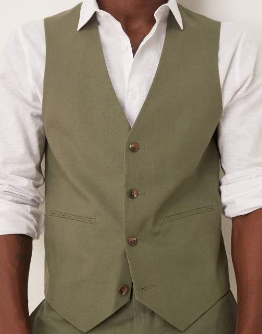 ASOS DESIGN - Gilet da abito skinny in misto lino color oliva, 3 di 5
