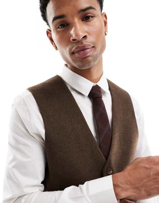ASOS DESIGN Gilet da abito skinny in twill misto lana marrone ASOS