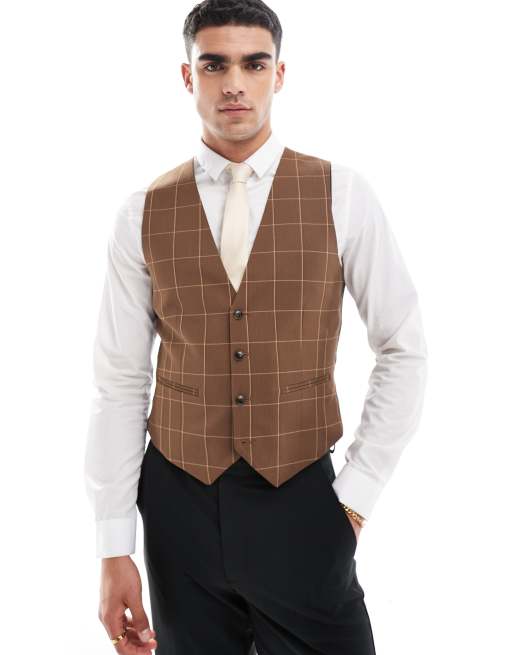 ASOS DESIGN - Gilet da abito skinny marrone a quadri tono su tono
