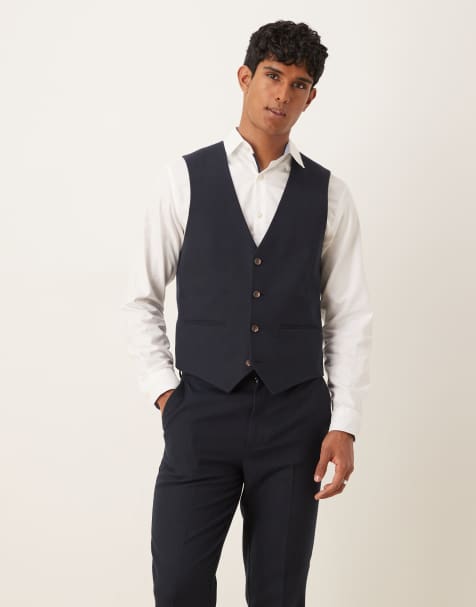 ASOS DESIGN - Gilet da abito slim fit blu navy effetto lana con motivo a spina di pesce - view 1