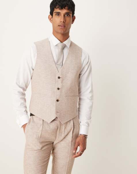 ASOS DESIGN - Gilet da abito slim fit marrone con motivo a spina di pesce in misto lino e cotone - view 1