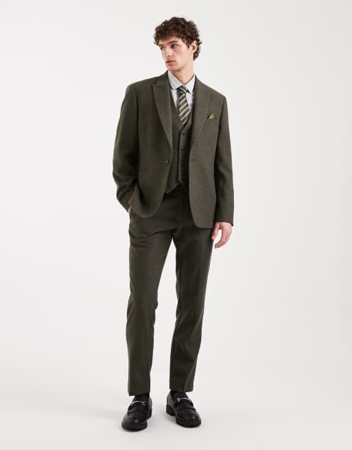 ASOS DESIGN - Gilet da abito slim in misto lana kaki a spina di pesce, 2 di 5