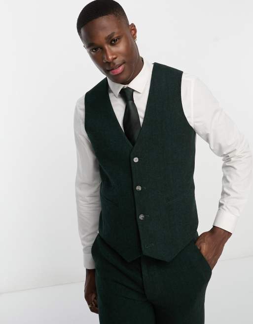 ASOS DESIGN - Gilet da abito slim in misto lana verde a spina di pesce, 4 di 5