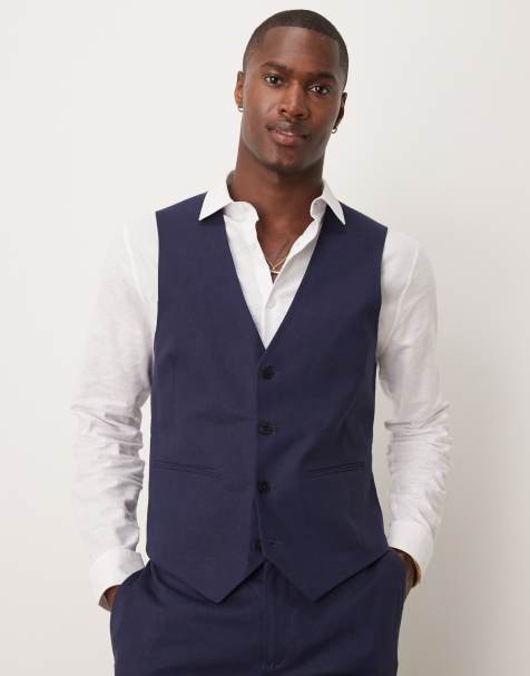 ASOS DESIGN - Gilet da abito slim in misto lino color blu navy - view 1