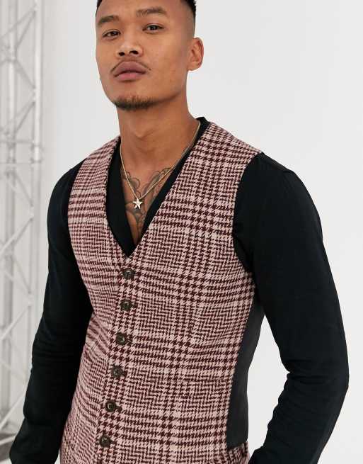 ASOS DESIGN - Abito super skinny in misto lana a quadri cammello e bordeaux, 2 di 2