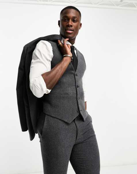 ASOS DESIGN - Gilet da abito super skinny in misto lana a spina di pesce color antracite - view 1