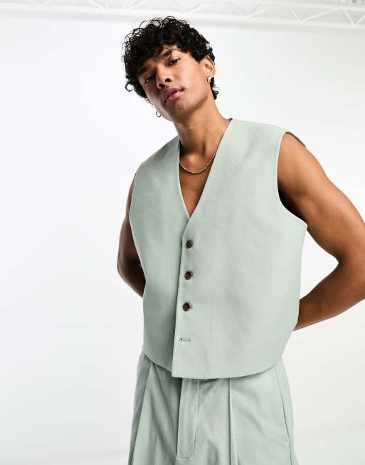 ASOS DESIGN - Gilet da abito verde salvia taglio corto in misto lino