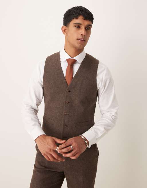 ASOS DESIGN - Gilet de costume ajusté en flanelle de laine mélangée - Marron