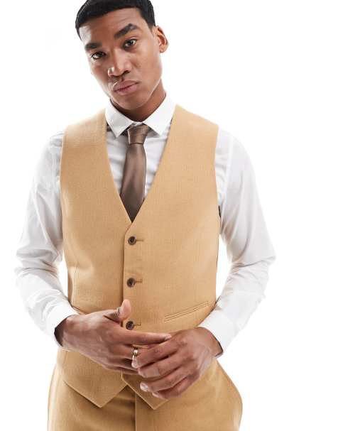 ASOS DESIGN - Gilet de costume ajusté en laine nattée - Camel - view 1