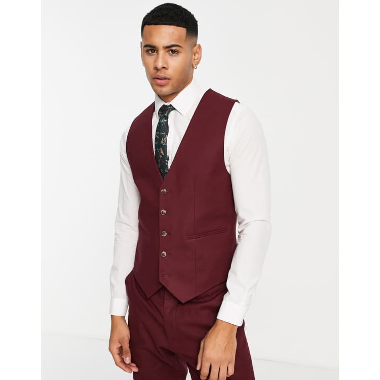 ASOS DESIGN Gilet de costume ajust en lin m lang Bordeaux