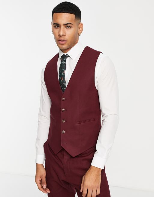 ASOS DESIGN Gilet de costume ajust en lin m lang Bordeaux