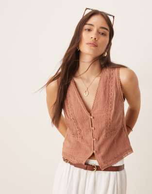 ASOS DESIGN - Gilet de costume bordé de dentelle - Marron - view 1
