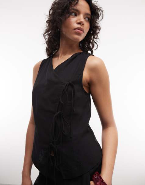 ASOS DESIGN - Gilet de costume d'ensemble cache-cœur noué en lin - Noir - view 1