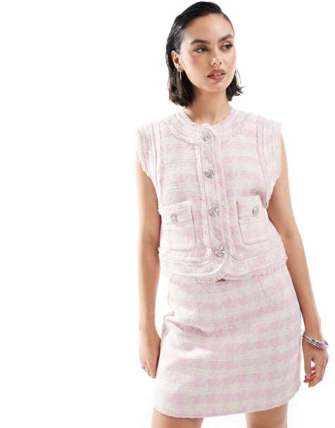 ASOS DESIGN - Gilet de costume d'ensemble en maille bouclée avec bords effilochés et détails scintillants - Rose - view 1