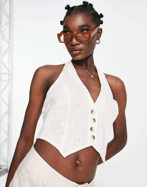 ASOS DESIGN - Gilet de costume en lin avec dos nu et boutons en corne - Blanc cassé, 3 de 4