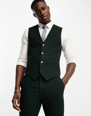 ASOS DESIGN super skinny wool mix suit waistcoat in herringbone in dark green - ASOS Price Checker