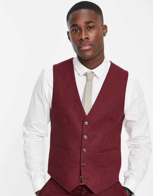 ASOS DESIGN Gilet de costume ultra ajust en lin m lang Bordeaux