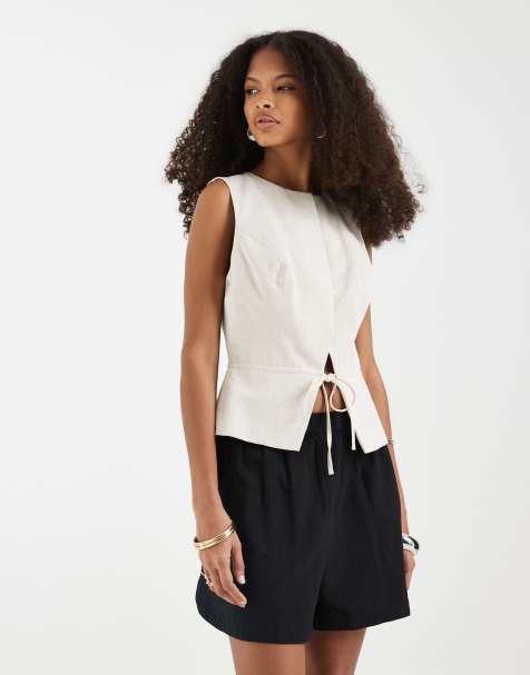 ASOS DESIGN - Gilet de tailleur ajusté en lin mélangé avec liens à nouer - Naturel - view 1