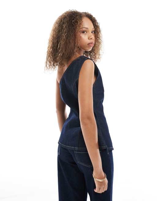 ASOS DESIGN - Gilet de tailleur asymétrique en jean avec taille cintrée - Bleu délavé, 3 de 4