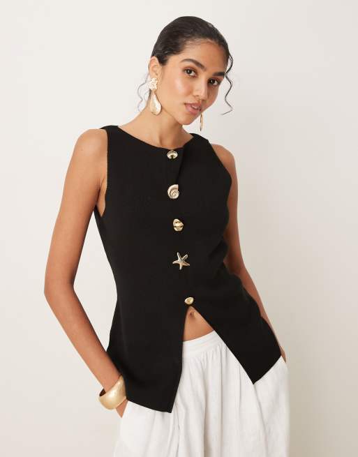 ASOS DESIGN – Svart, stickad kostymväst med flera knappar och rak ringning