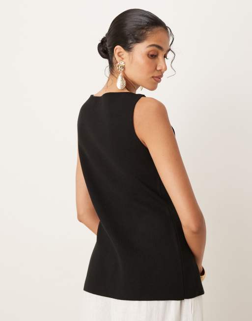 ASOS DESIGN – Svart, stickad kostymväst med flera knappar och rak ringning