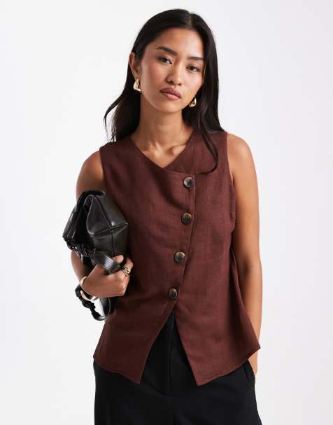 ASOS DESIGN - Gilet de tailleur boutonné et asymétrique aspect lin - Chocolat - view 1