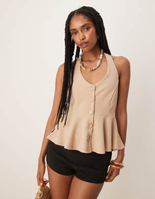 ASOS DESIGN - Gilet de tailleur boutonné long avec taille cintrée et dos nu - Taupe-Marron