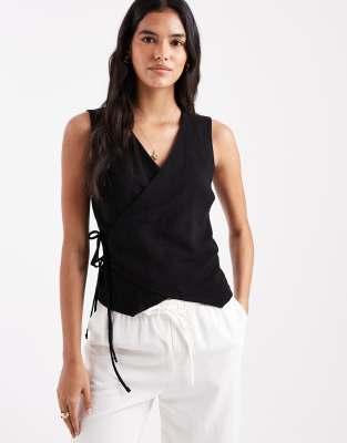 ASOS DESIGN - Gilet de tailleur cache-caur en aspect lin avec détail noué - Noir