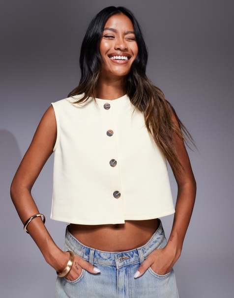 ASOS DESIGN - Gilet de tailleur court coupe carrée à épaules larges - Jaune babeurre - view 1