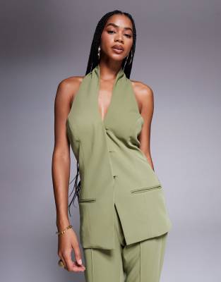Gilet de tailleur d'ensemble ajusté dos-nu - Olive-Vert 34