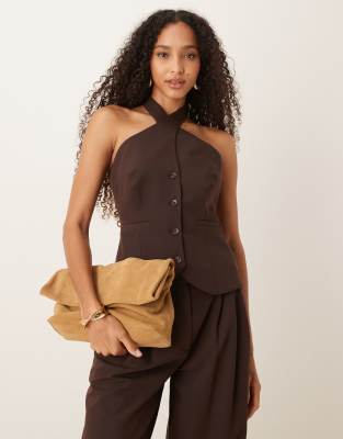 Gilet de tailleur d'ensemble habillé dos nu à encolure licou croisée - Chocolat-Brown 46